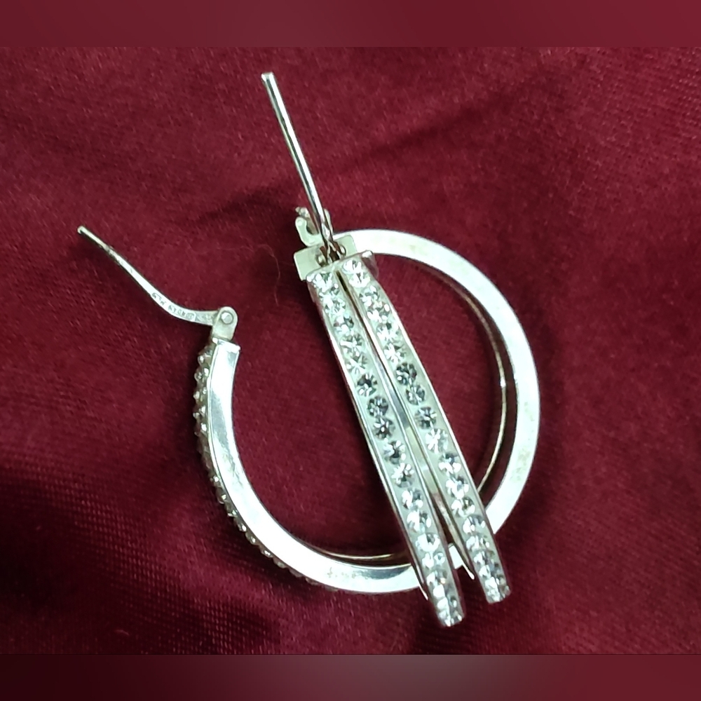 Elegant Double Silver Hoop Earrings With Inset Rhinestones